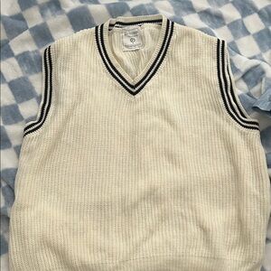 Elegant V-Neck Sweater Vest in Cream with Black Trim